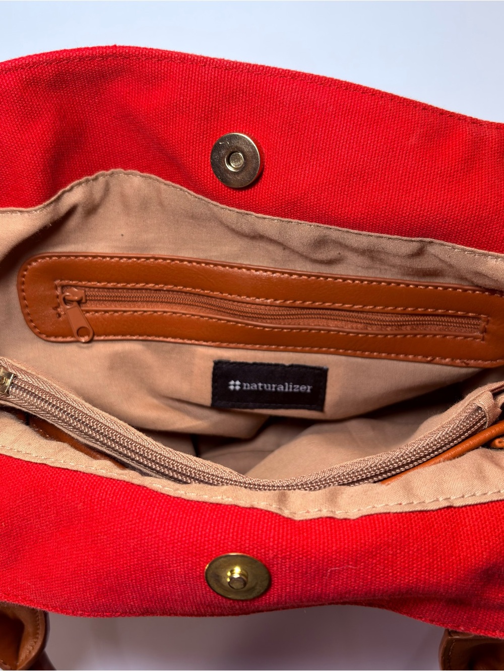 Naturalizer Red Canvas Tote with Tan Trim and Interior
